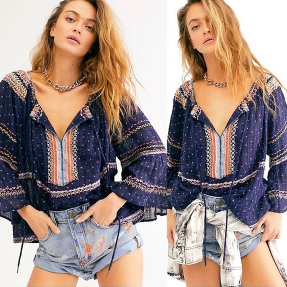 Free People Talia Embroidered Peasant Top L - Picture 1 of 9